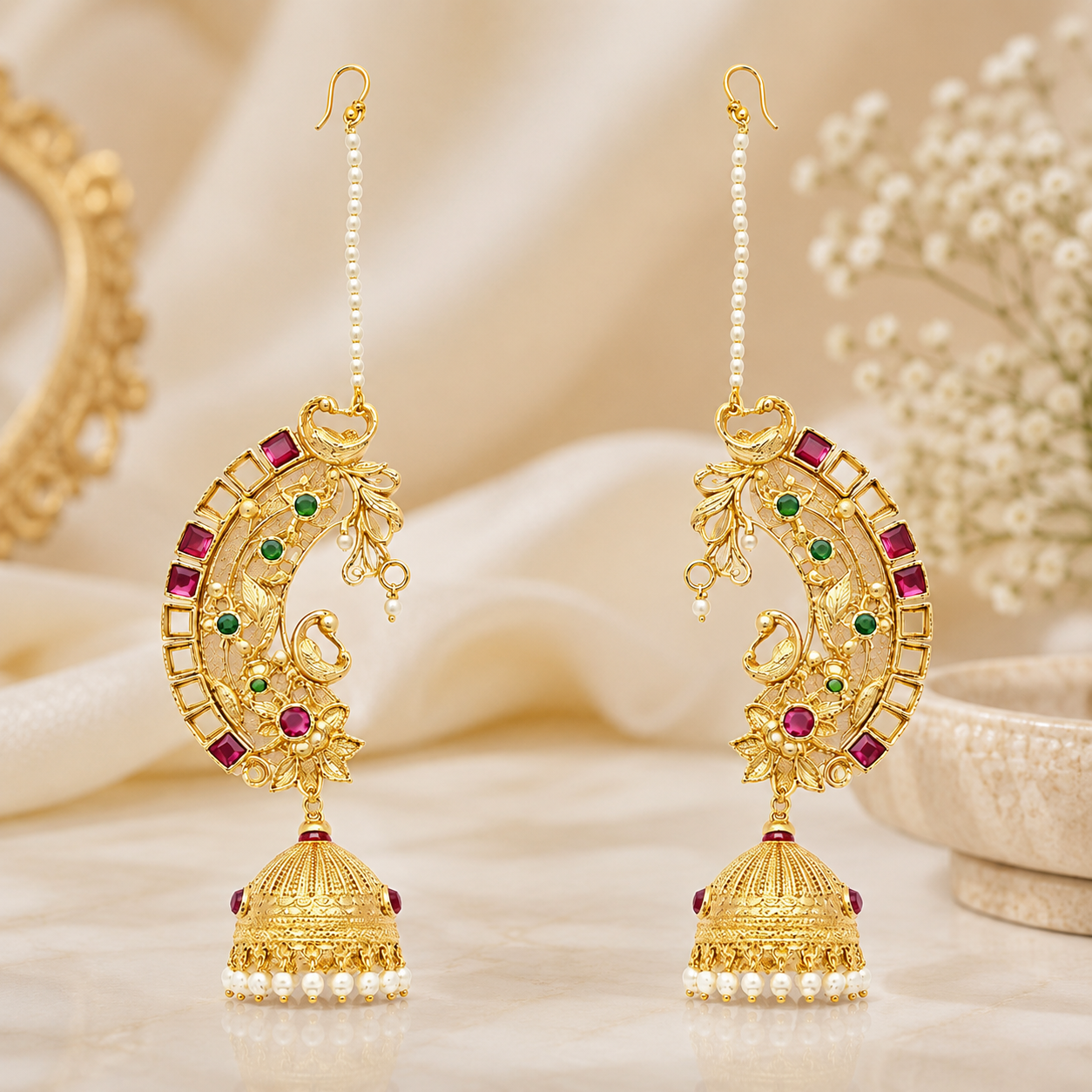Traditional Gold-Plated Peacock Earcuffs with Jhumki & Pearl Accents | Ethnic Jewelry