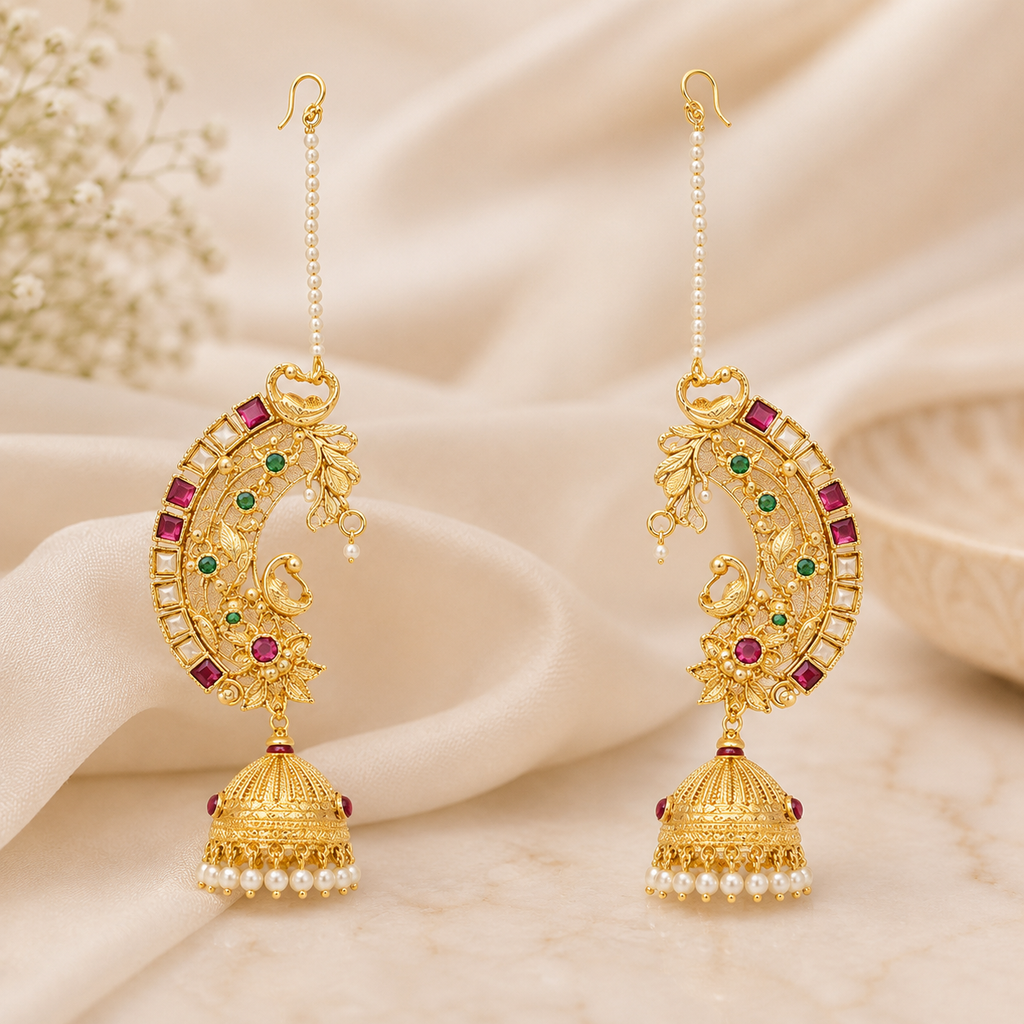 Traditional Gold-Plated Peacock Earcuffs with Jhumki & Pearl Accents | Ethnic Jewelry