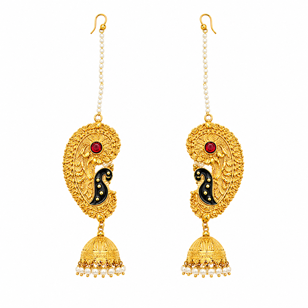 Traditional Gold-Plated Paisley Earcuffs with Jhumki & Pearl Accents | Ethnic Jewelry