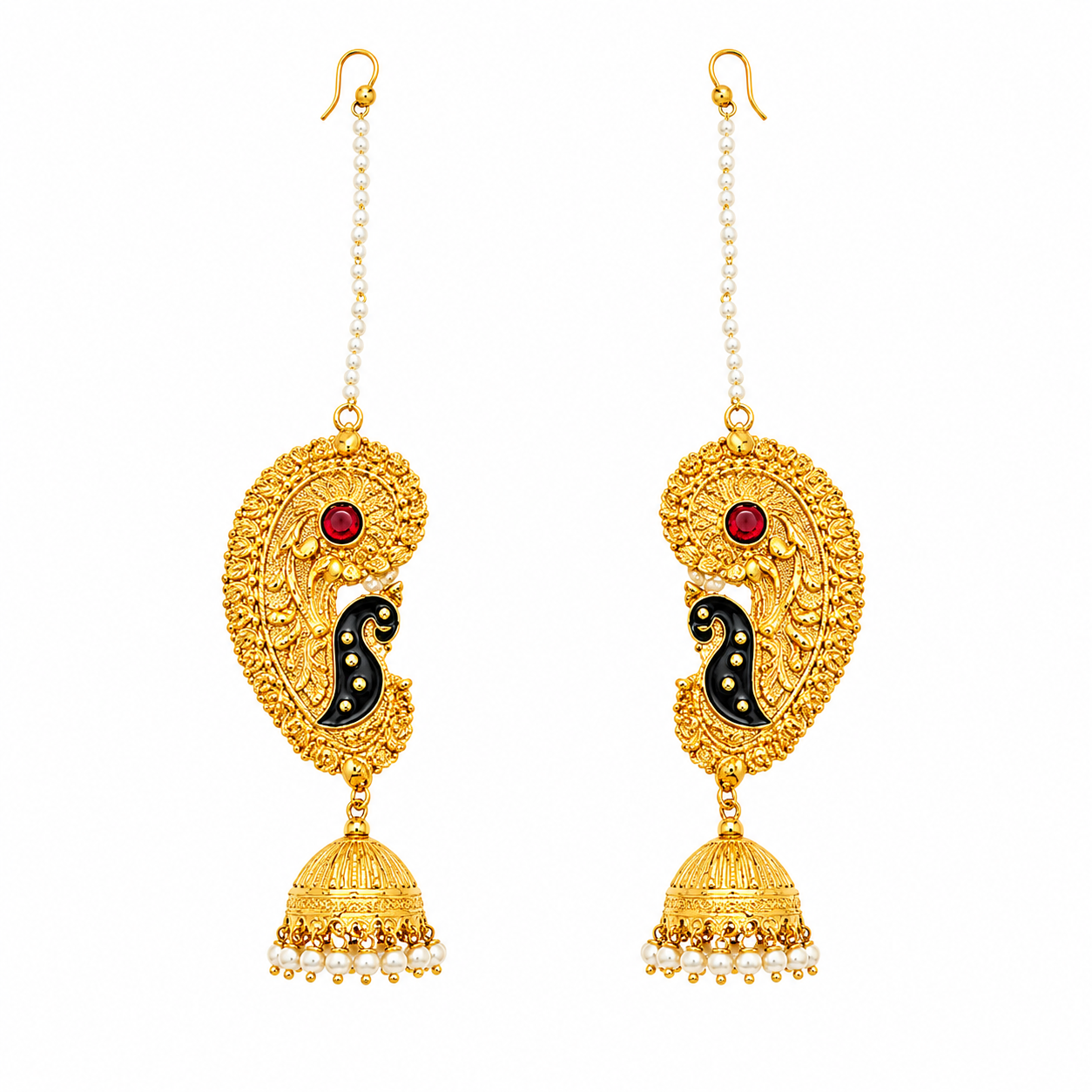 Traditional Gold-Plated Paisley Earcuffs with Jhumki & Pearl Accents | Ethnic Jewelry