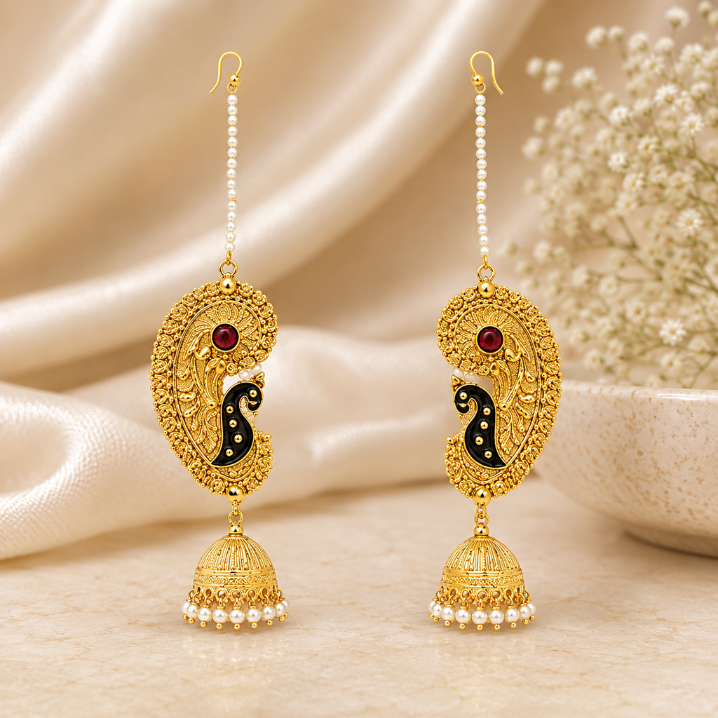 Traditional Gold-Plated Paisley Earcuffs with Jhumki & Pearl Accents | Ethnic Jewelry
