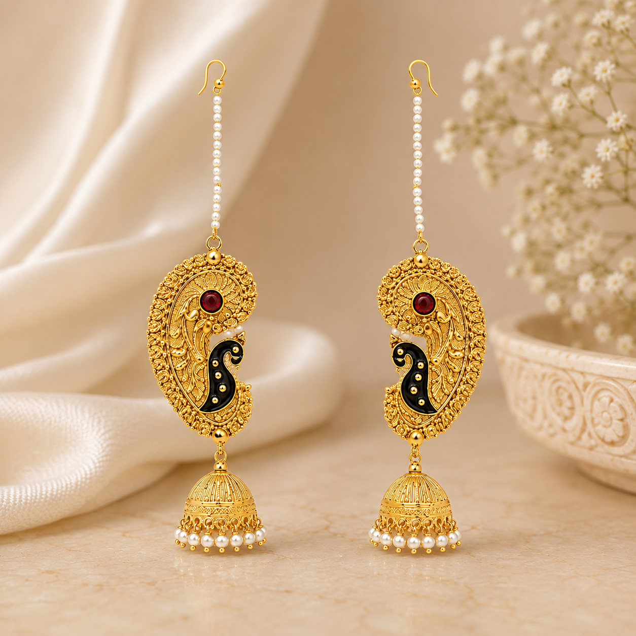 Traditional Gold-Plated Paisley Earcuffs with Jhumki & Pearl Accents | Ethnic Jewelry