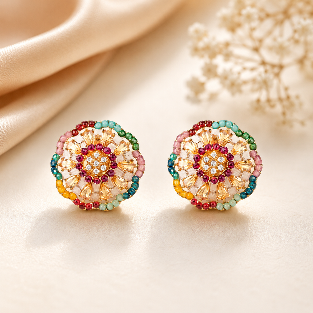 Multicolor Floral Stud Earrings with Crystal & Beaded Accents | Festive Jewelry