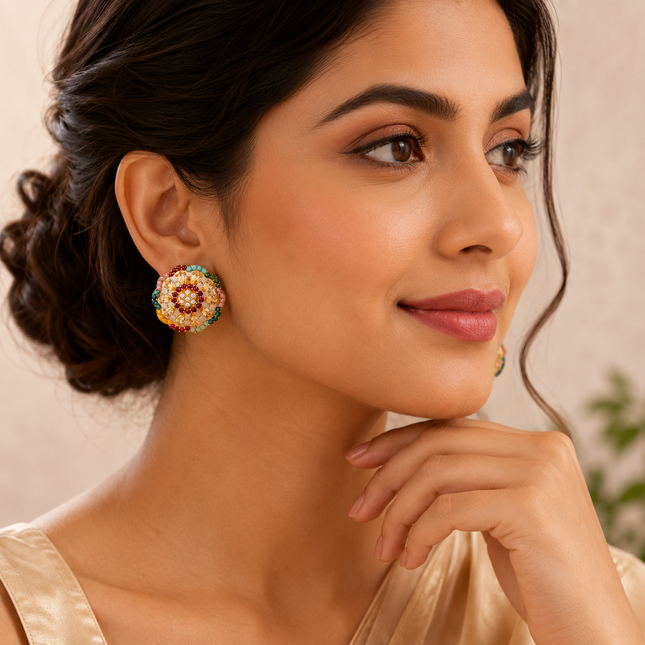 Multicolor Floral Stud Earrings with Crystal & Beaded Accents | Festive Jewelry