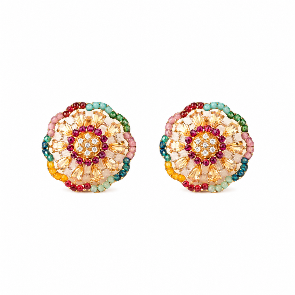 Multicolor Floral Stud Earrings with Crystal & Beaded Accents | Festive Jewelry