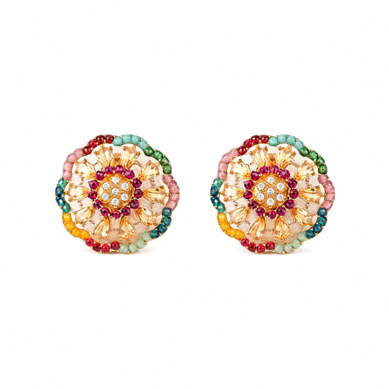 Multicolor Floral Stud Earrings with Crystal & Beaded Accents | Festive Jewelry