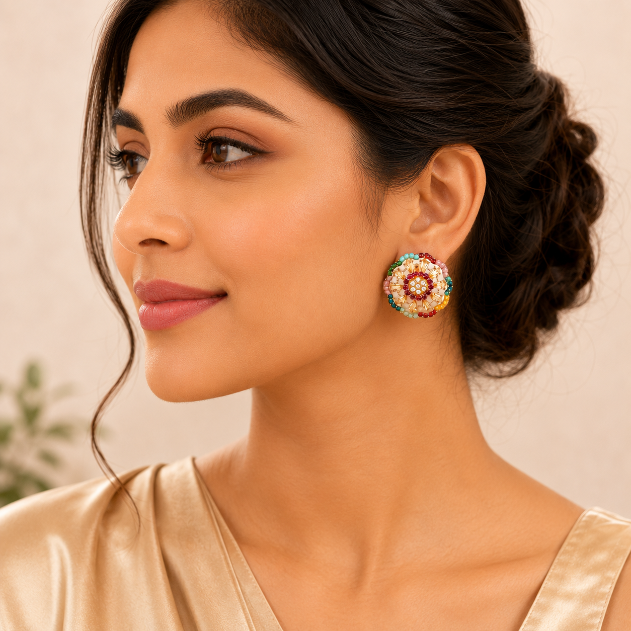 Multicolor Floral Stud Earrings with Crystal & Beaded Accents | Festive Jewelry