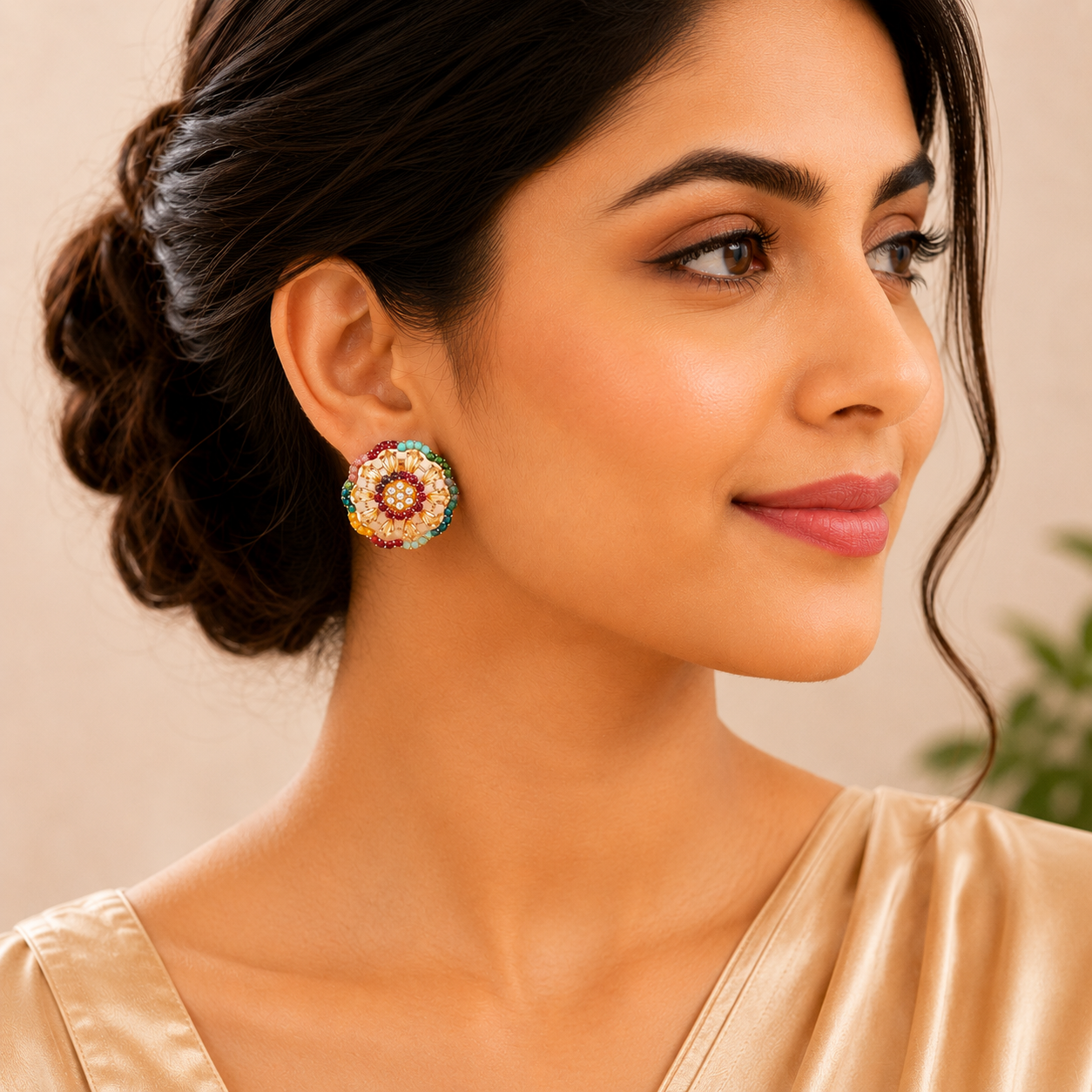 Multicolor Floral Stud Earrings with Crystal & Beaded Accents | Festive Jewelry