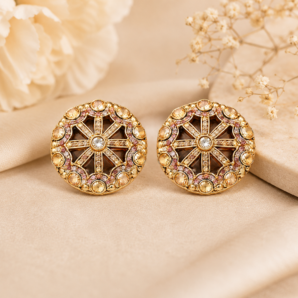 Elegant Gold-Tone Designer Stud Earrings with Crystal & Gemstone Accents