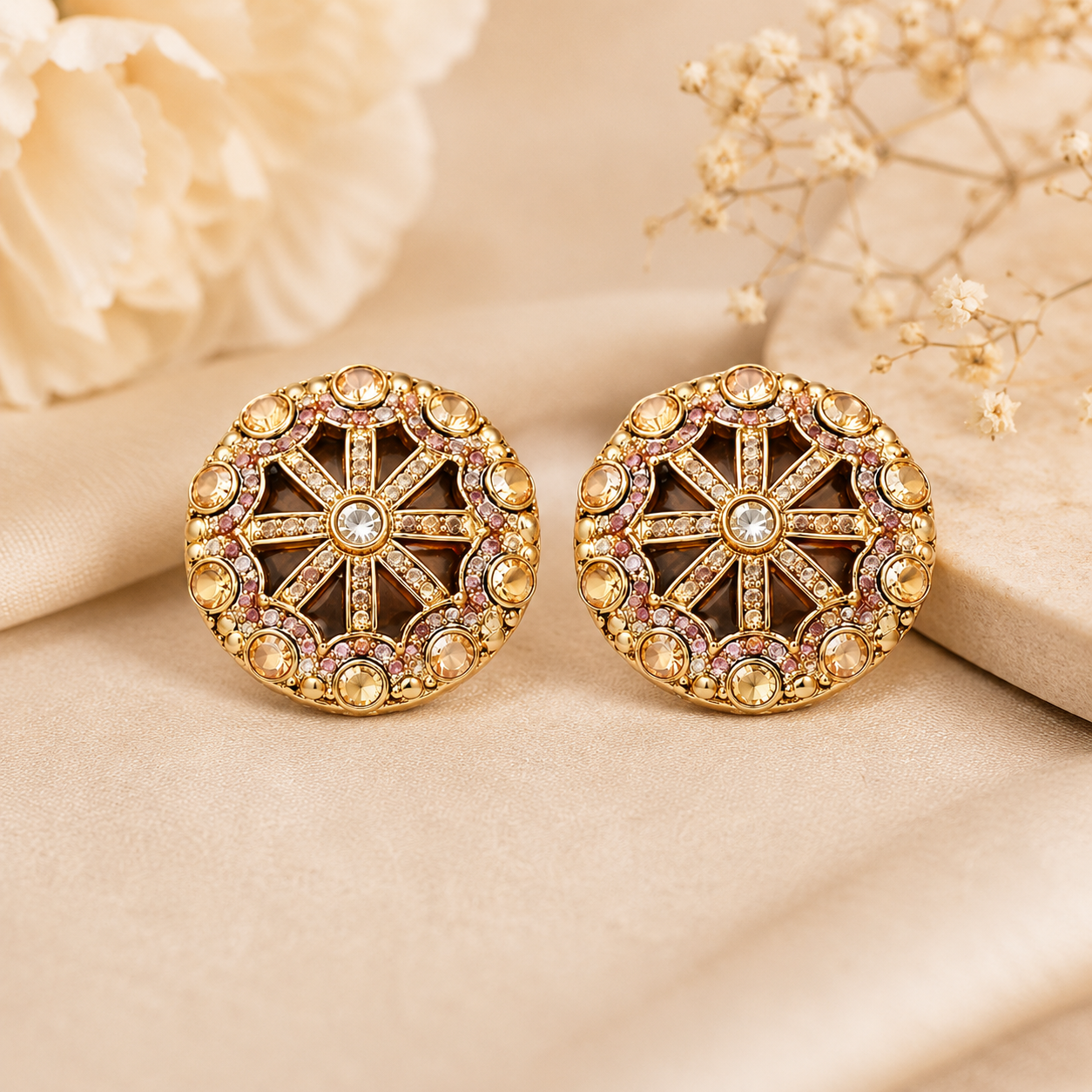 Elegant Gold-Tone Designer Stud Earrings with Crystal & Gemstone Accents