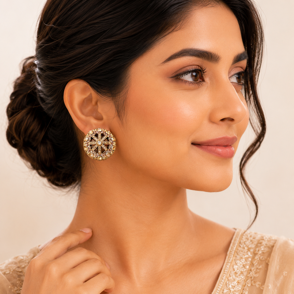 Elegant Gold-Tone Designer Stud Earrings with Crystal & Gemstone Accents