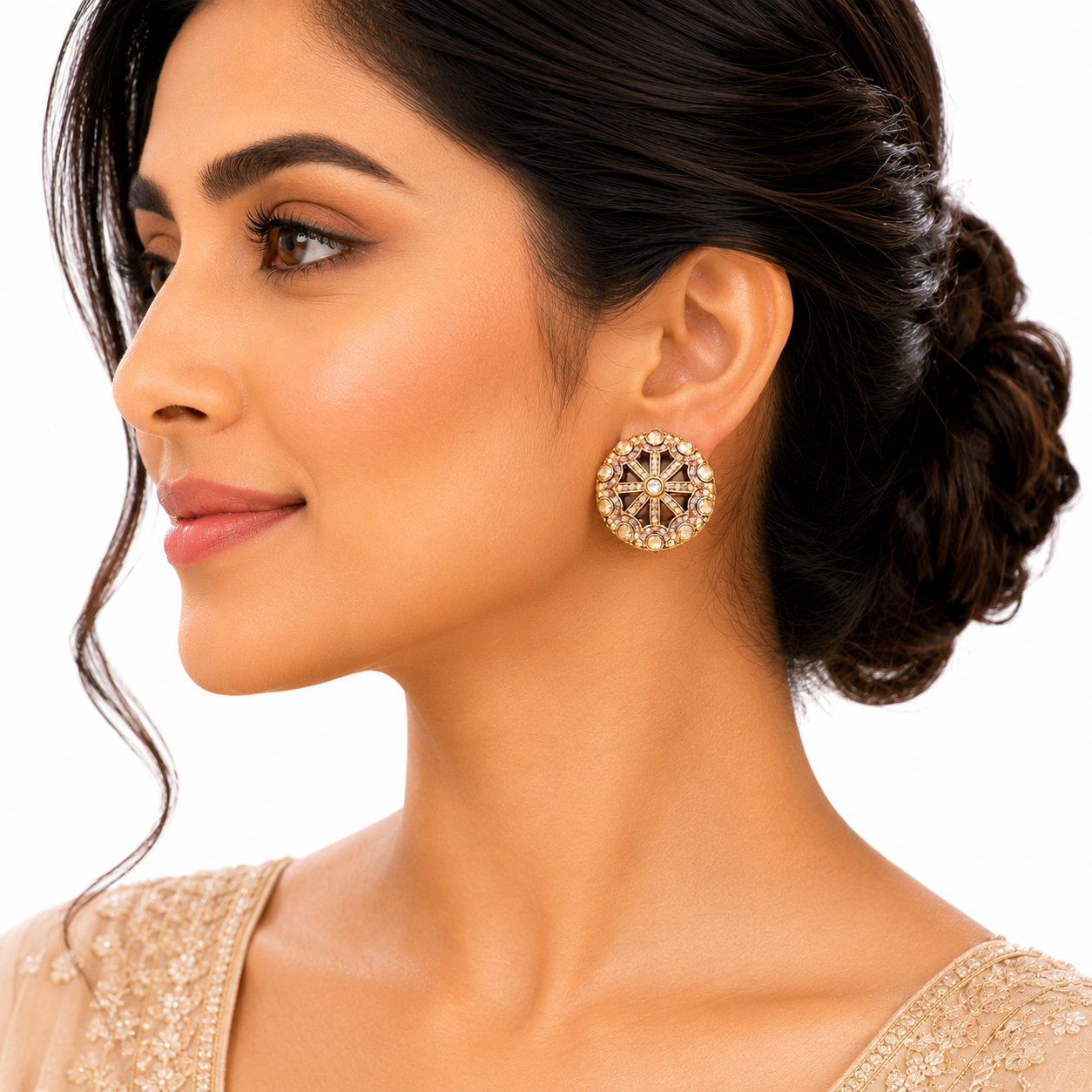 Elegant Gold-Tone Designer Stud Earrings with Crystal & Gemstone Accents