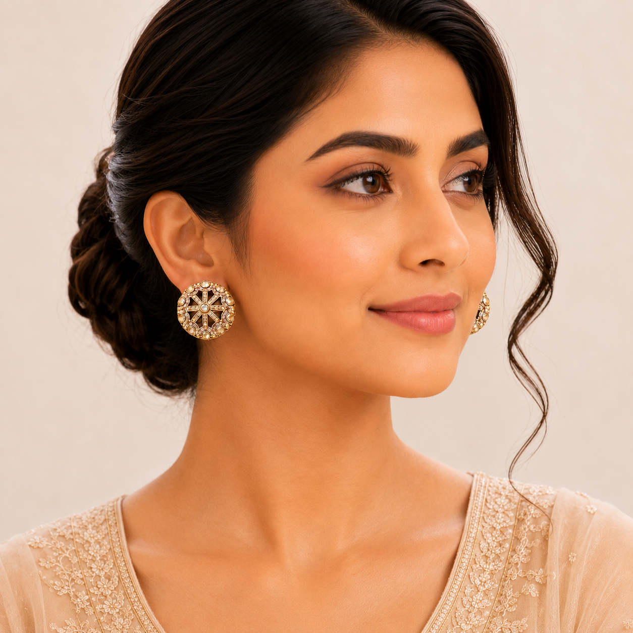 Elegant Gold-Tone Designer Stud Earrings with Crystal & Gemstone Accents