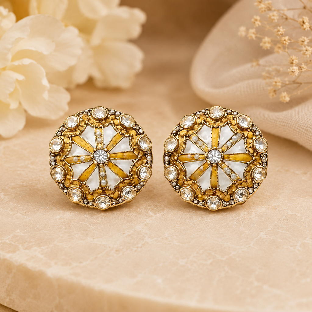 Elegant Gold-Tone Designer Stud Earrings with White Enamel & Crystal Accents