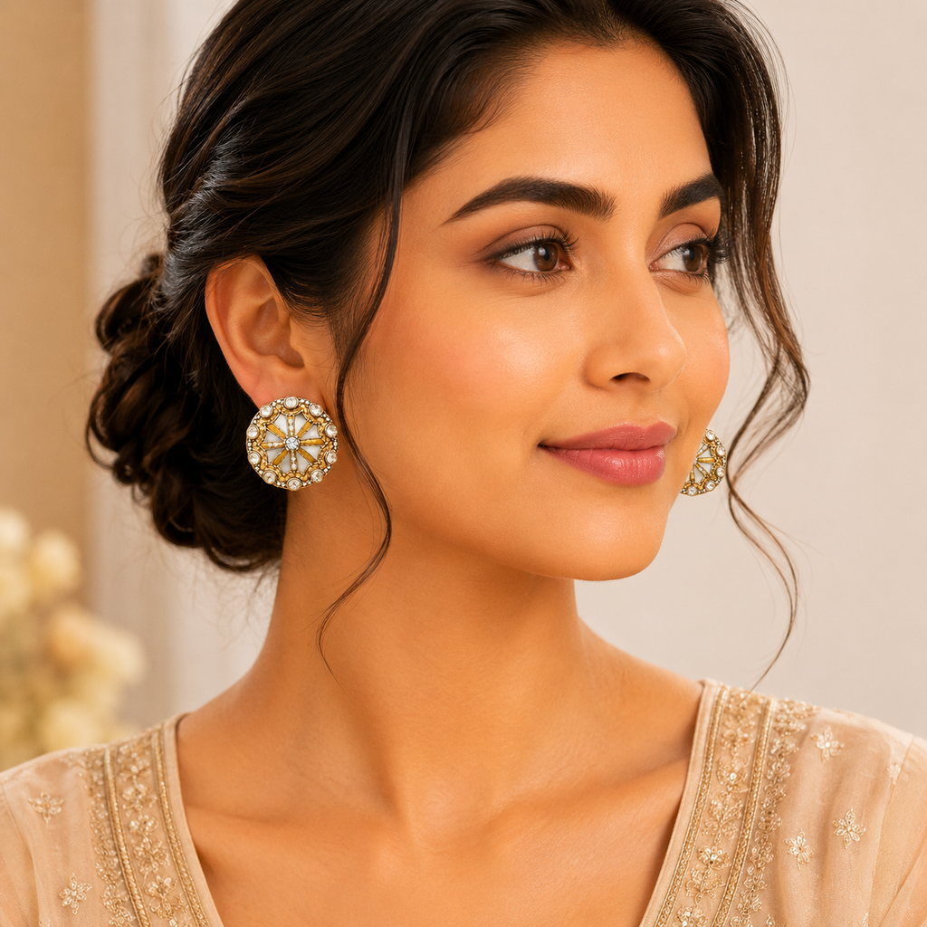 Elegant Gold-Tone Designer Stud Earrings with White Enamel & Crystal Accents