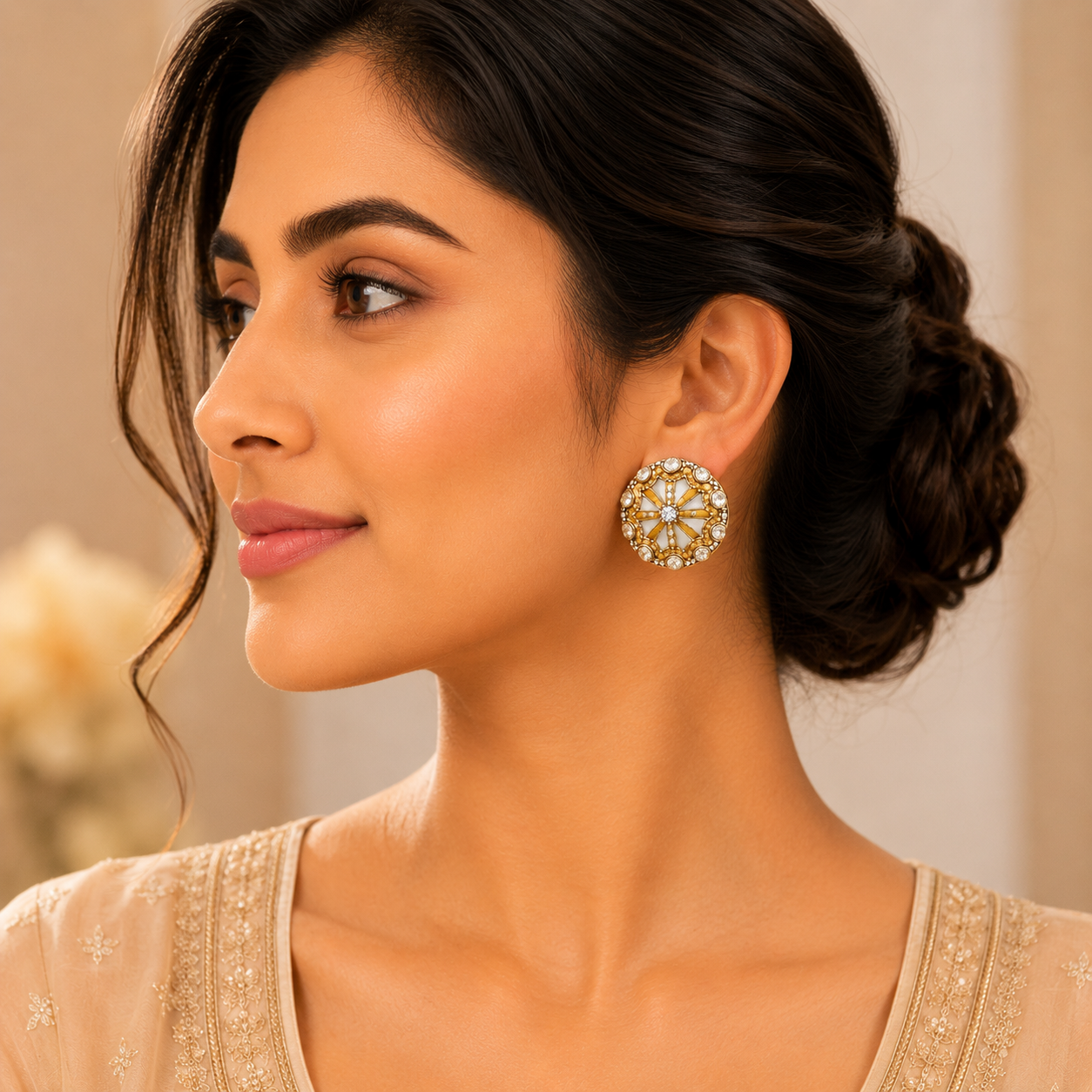 Elegant Gold-Tone Designer Stud Earrings with White Enamel & Crystal Accents
