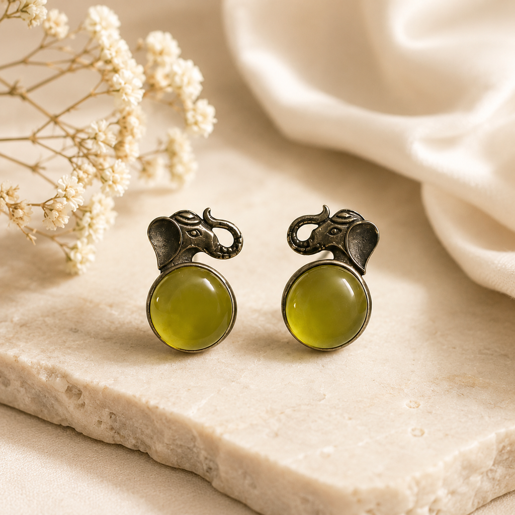 Artisan Silver-Tone Elephant Stud Earrings with Green Stone | Tribal Style Jewelry