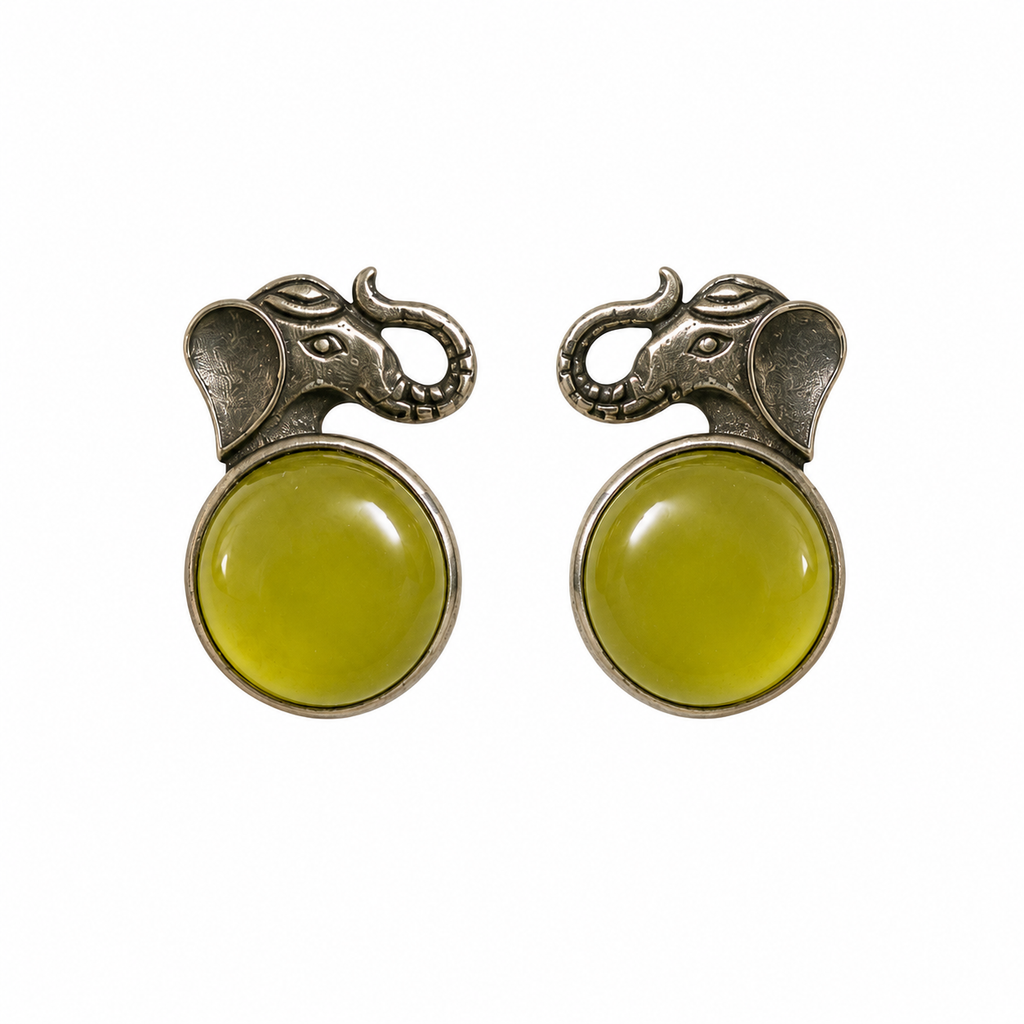 Artisan Silver-Tone Elephant Stud Earrings with Green Stone | Tribal Style Jewelry