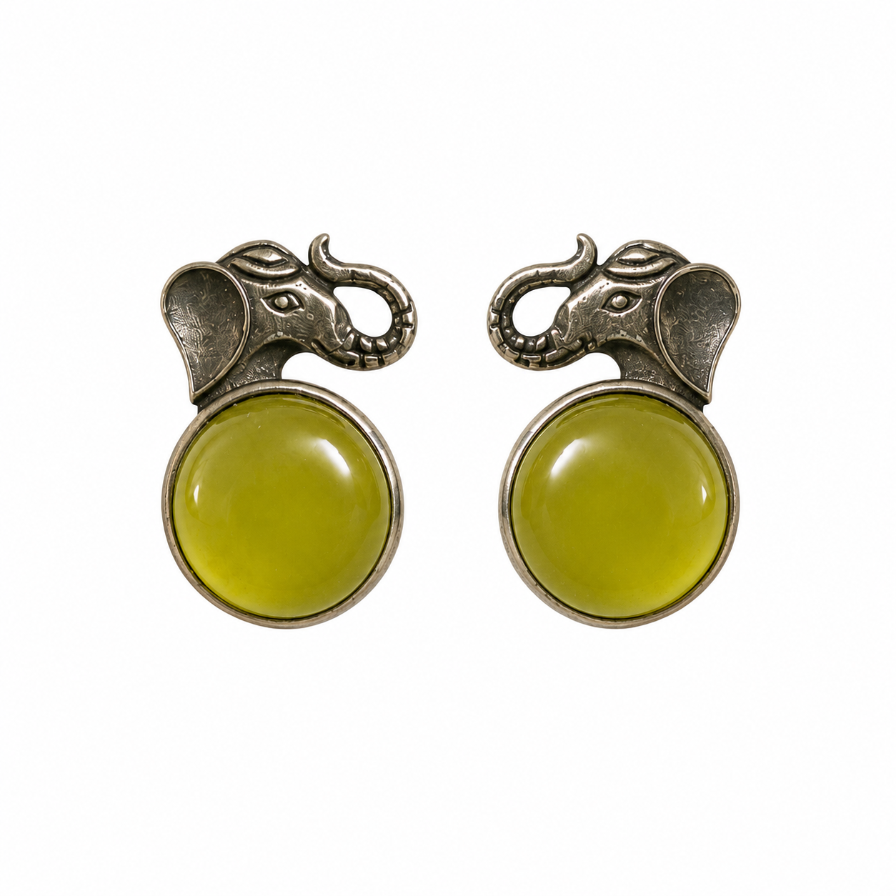 Artisan Silver-Tone Elephant Stud Earrings with Green Stone | Tribal Style Jewelry