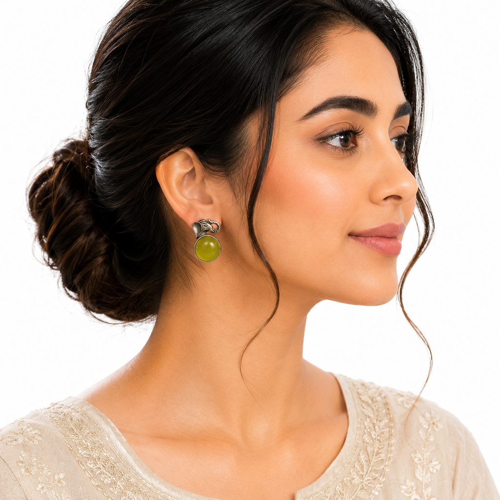 Artisan Silver-Tone Elephant Stud Earrings with Green Stone | Tribal Style Jewelry