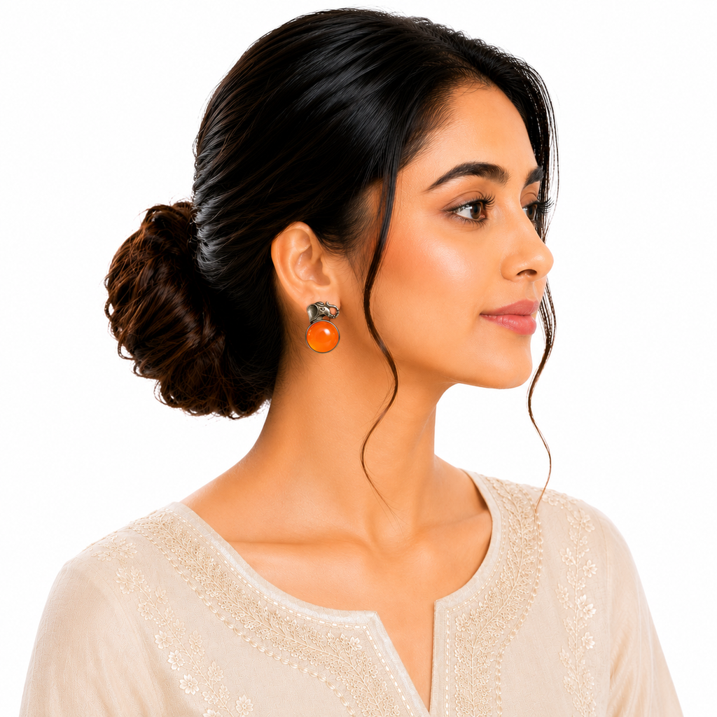 Artisan Antique-Finish Elephant Stud Earrings with Orange Stone | Ethnic Jewelry