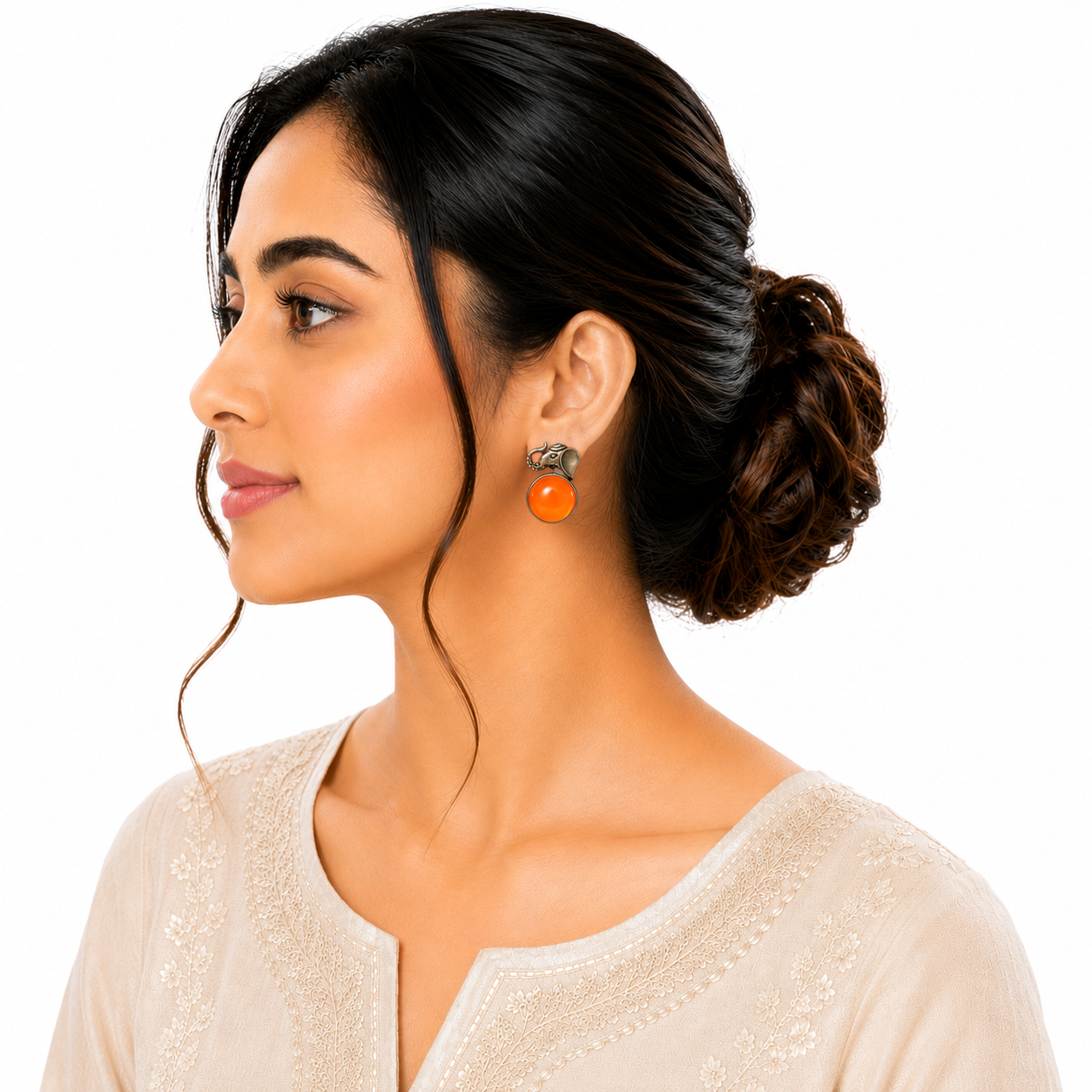 Artisan Antique-Finish Elephant Stud Earrings with Orange Stone | Ethnic Jewelry