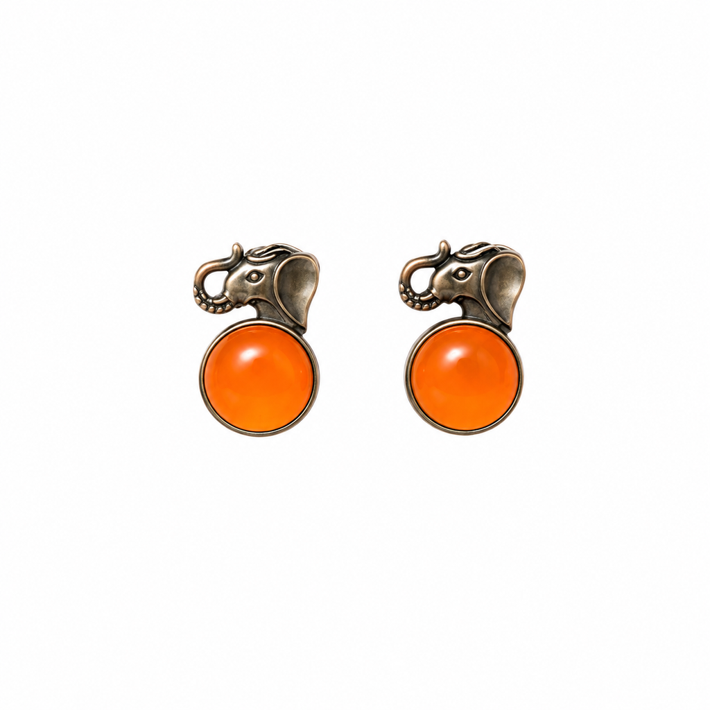 Artisan Antique-Finish Elephant Stud Earrings with Orange Stone | Ethnic Jewelry