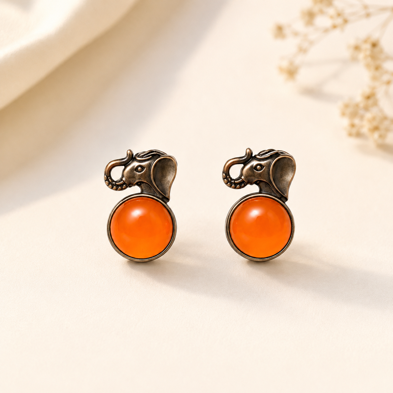 Artisan Antique-Finish Elephant Stud Earrings with Orange Stone | Ethnic Jewelry