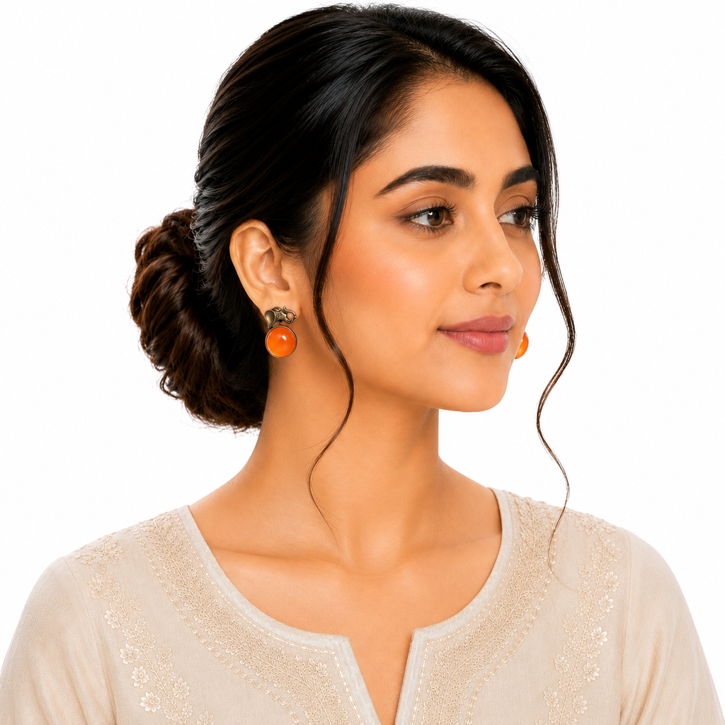 Artisan Antique-Finish Elephant Stud Earrings with Orange Stone | Ethnic Jewelry