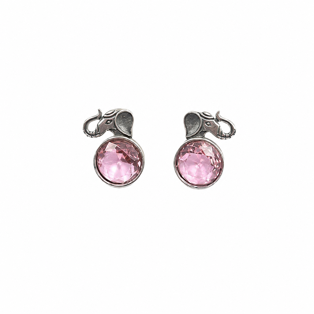 Artisan Antique-Finish Elephant Stud Earrings with Pink Crystal | Ethnic Jewelry
