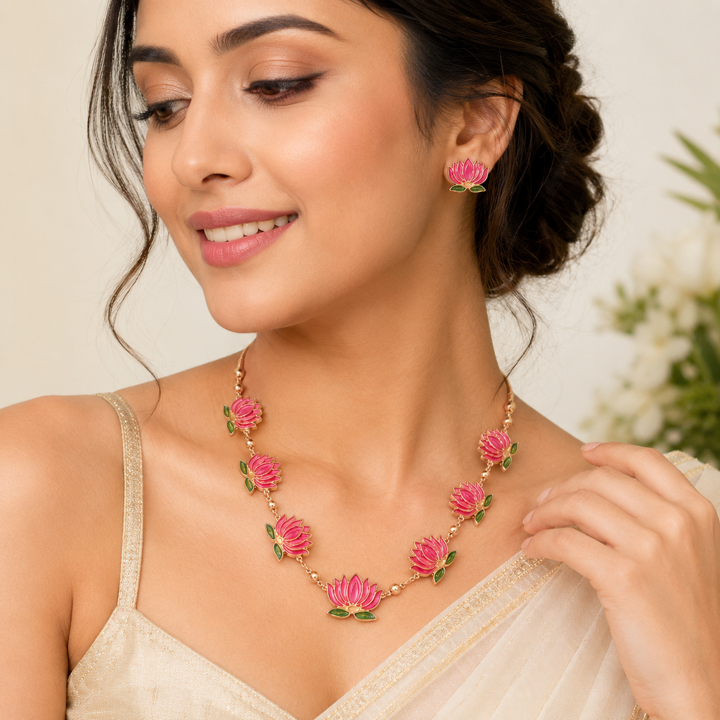 Elegant Lotus Enamel Necklace and Earring Set | Gold-Tone Floral Jewelry