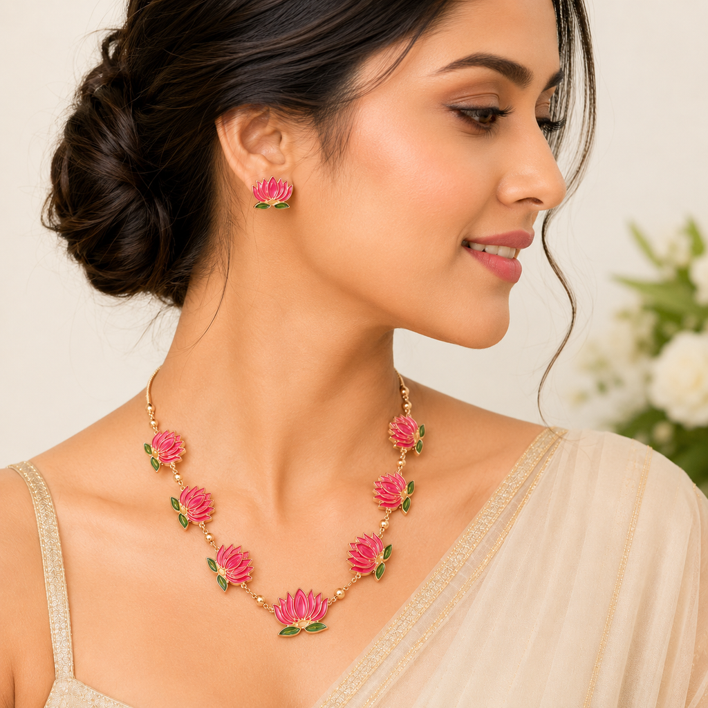 Elegant Lotus Enamel Necklace and Earring Set | Gold-Tone Floral Jewelry