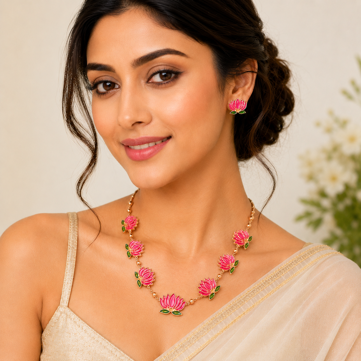 Elegant Lotus Enamel Necklace and Earring Set | Gold-Tone Floral Jewelry