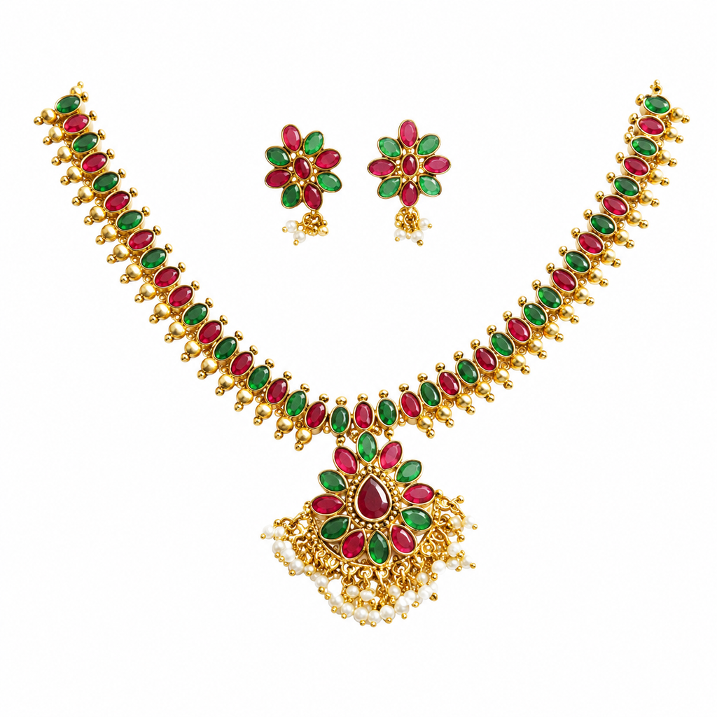 Traditional Gold-Plated Necklace and Earring Set with Ruby & Emerald Stones | Ethnic Jewelry