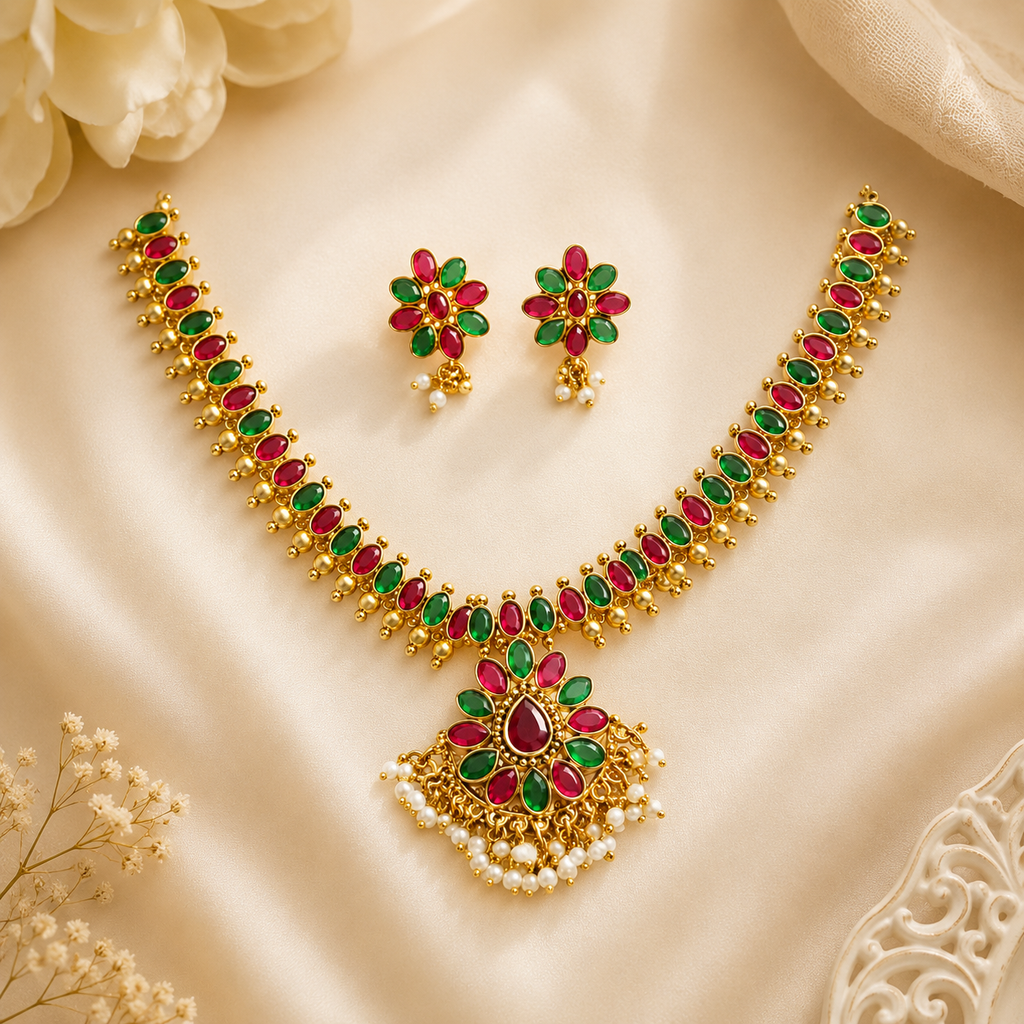 Traditional Gold-Plated Necklace and Earring Set with Ruby & Emerald Stones | Ethnic Jewelry