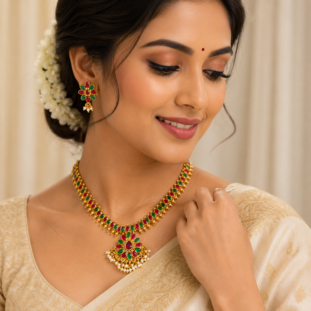 Traditional Gold-Plated Necklace and Earring Set with Ruby & Emerald Stones | Ethnic Jewelry