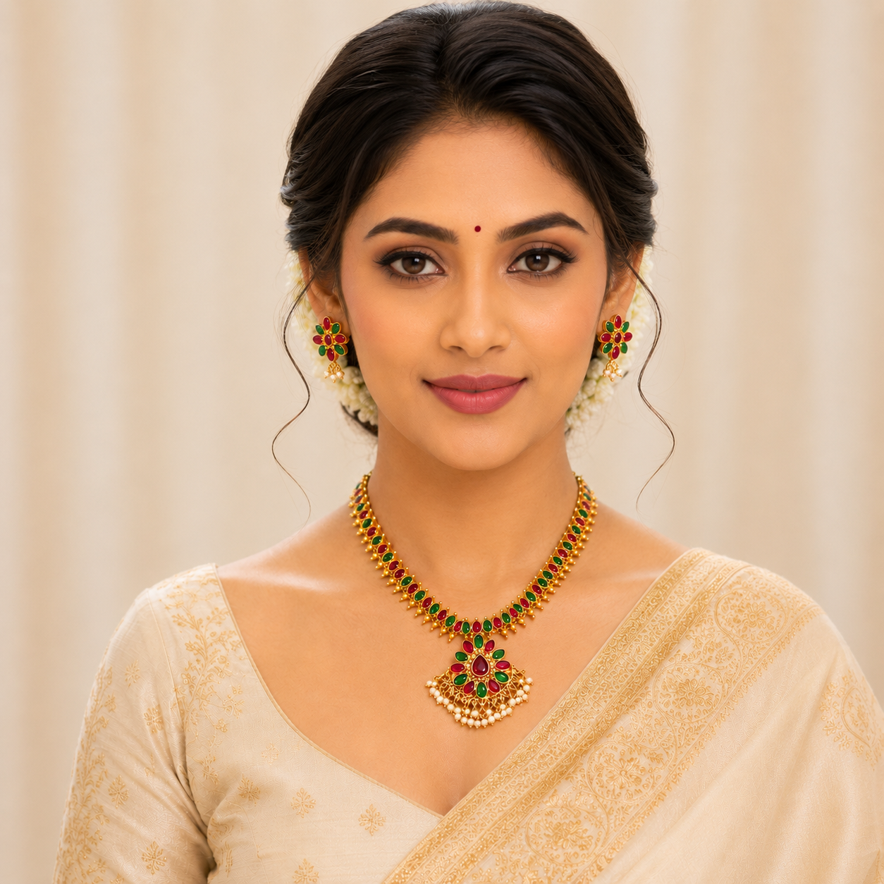 Traditional Gold-Plated Necklace and Earring Set with Ruby & Emerald Stones | Ethnic Jewelry