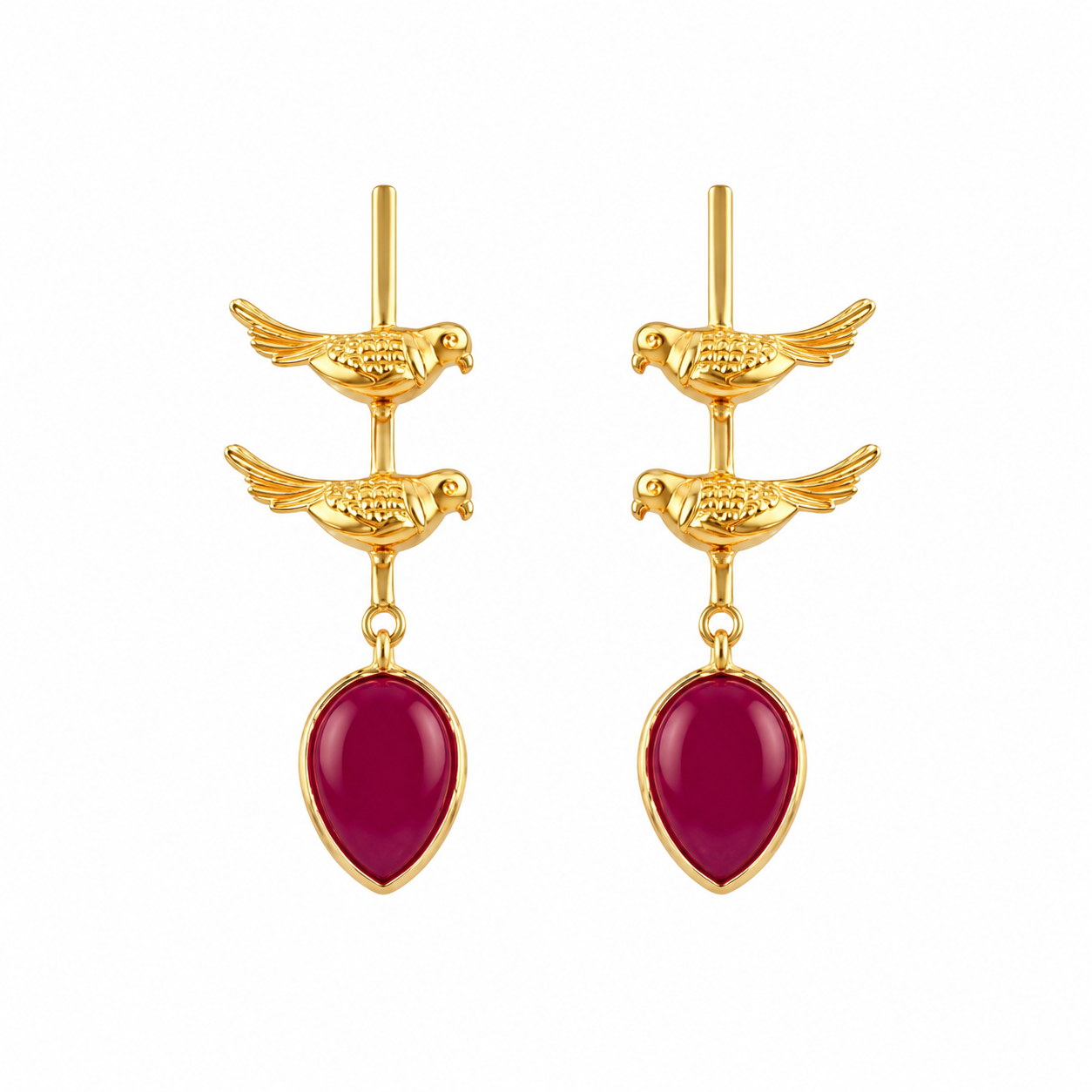 Elegant Gold Bird Drop Earrings with Red Teardrop Stones | Artisanal Jewelry