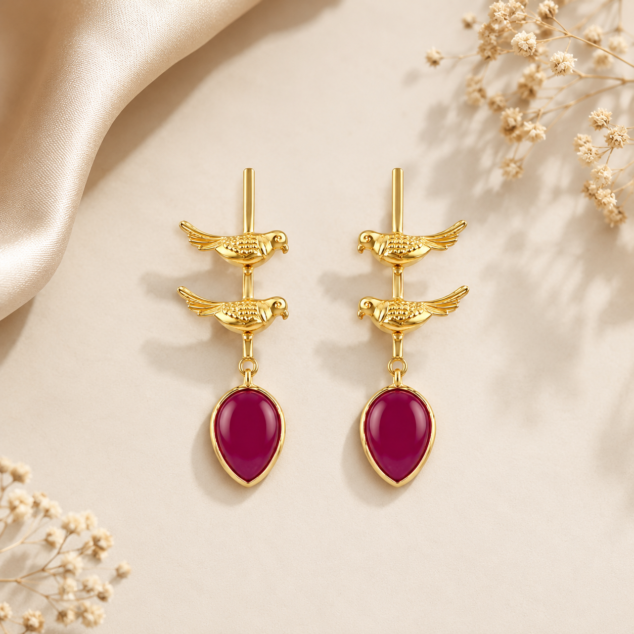 Elegant Gold Bird Drop Earrings with Red Teardrop Stones | Artisanal Jewelry