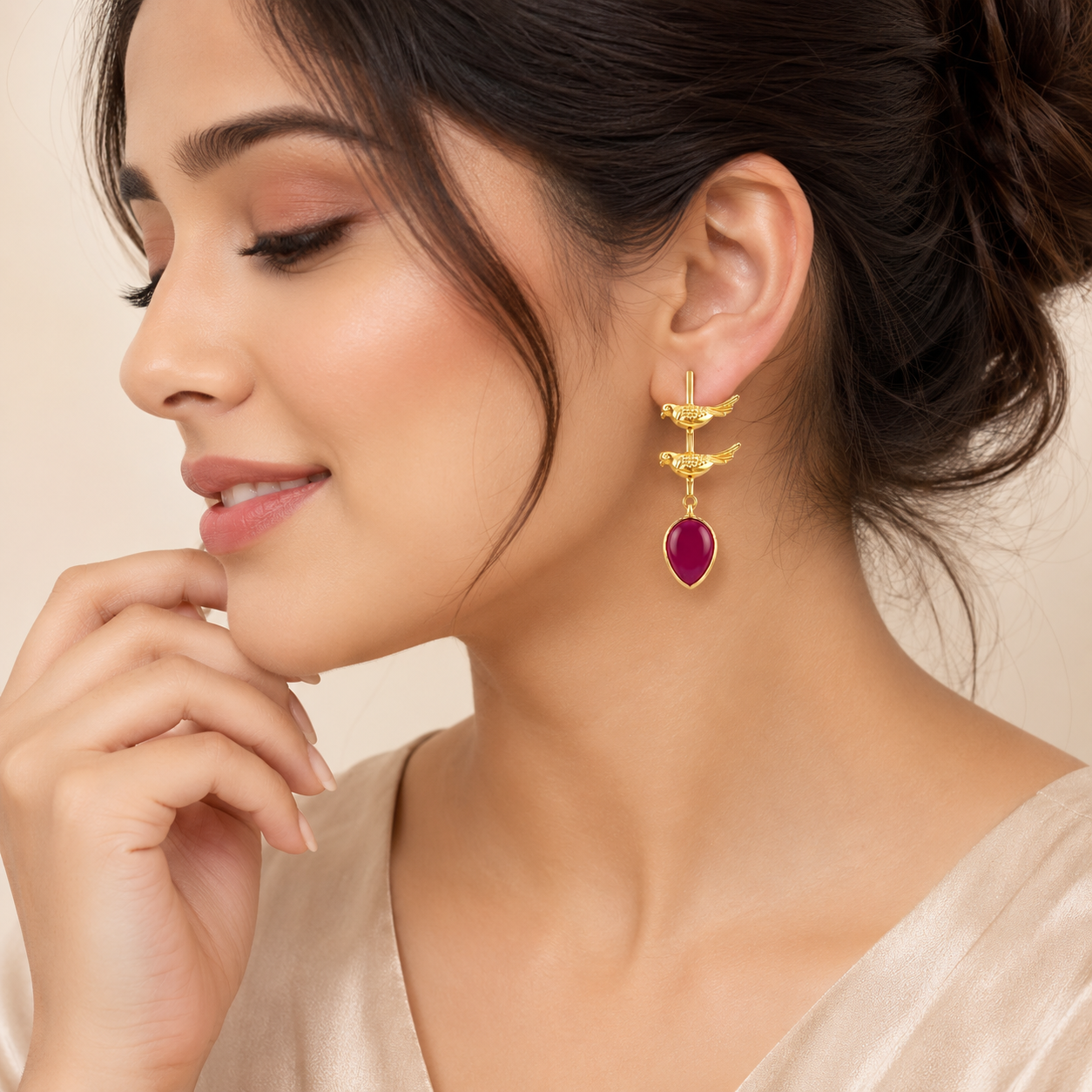 Elegant Gold Bird Drop Earrings with Red Teardrop Stones | Artisanal Jewelry
