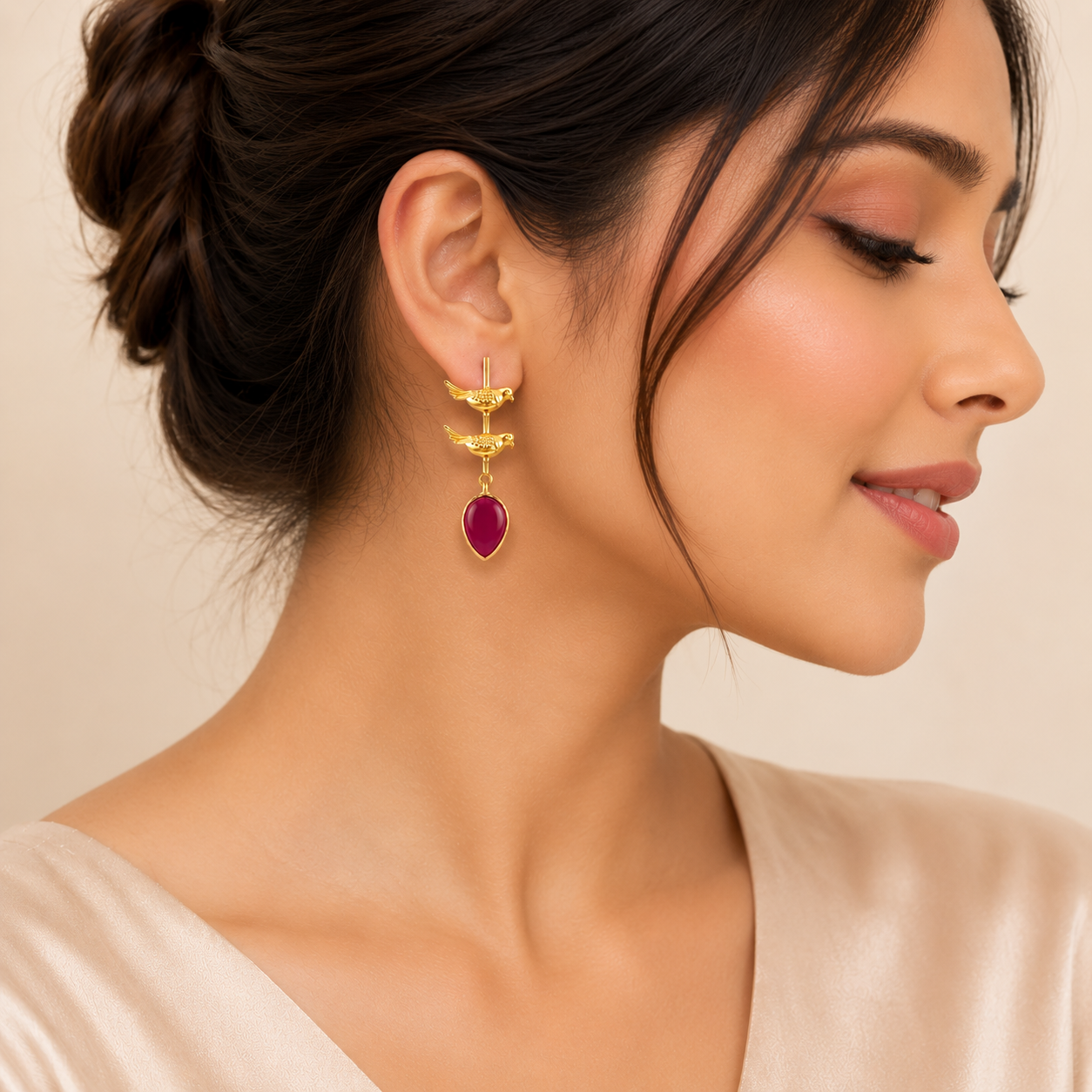 Elegant Gold Bird Drop Earrings with Red Teardrop Stones | Artisanal Jewelry