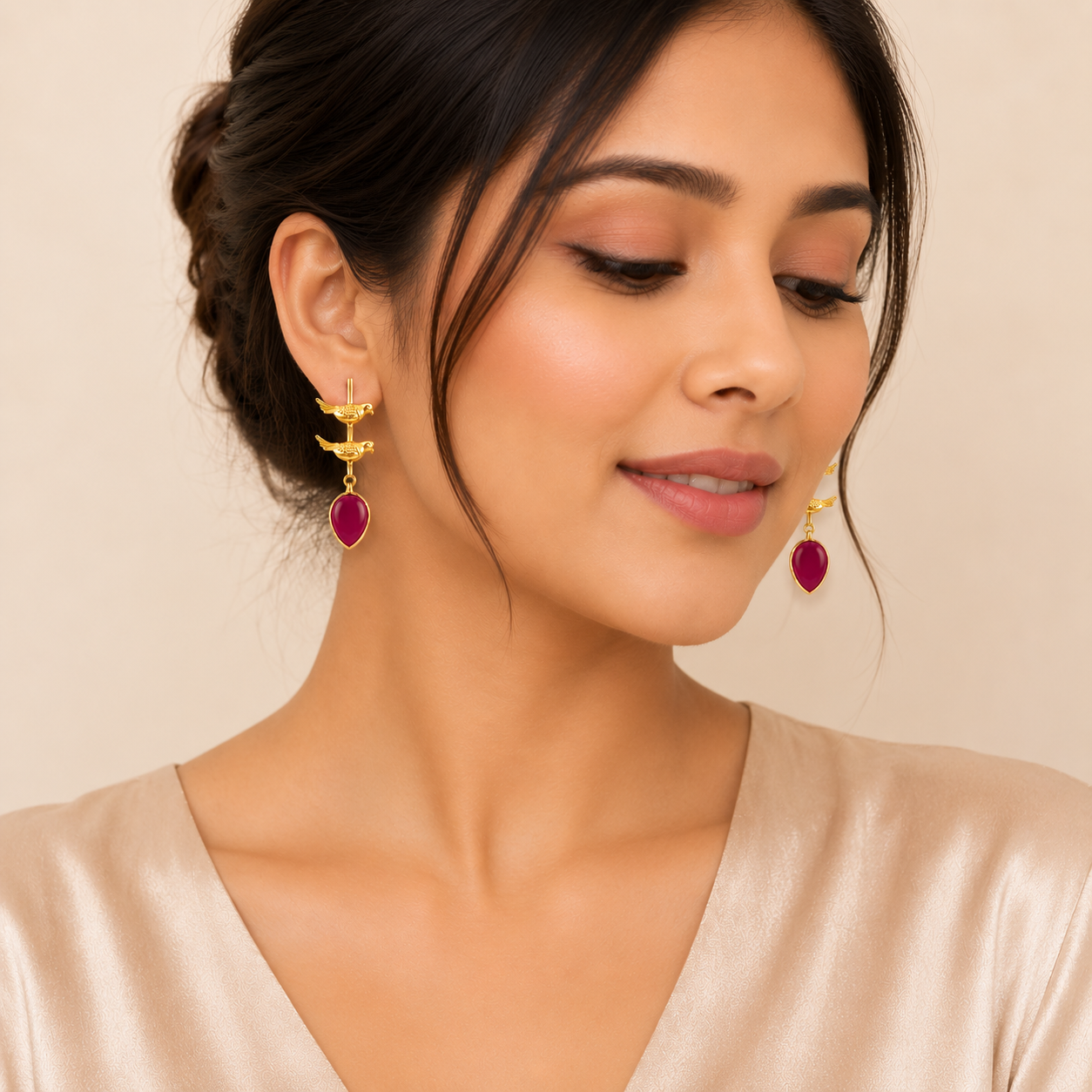 Elegant Gold Bird Drop Earrings with Red Teardrop Stones | Artisanal Jewelry
