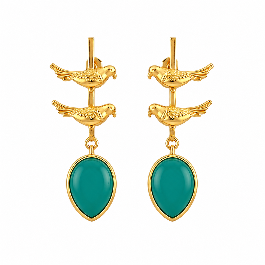 Elegant Gold Bird Drop Earrings with Teal Teardrop Stones | Artisanal Jewelry