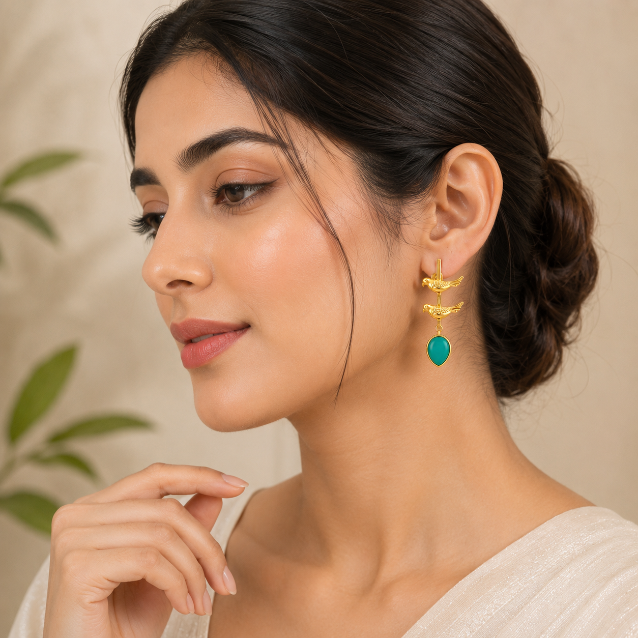 Elegant Gold Bird Drop Earrings with Teal Teardrop Stones | Artisanal Jewelry