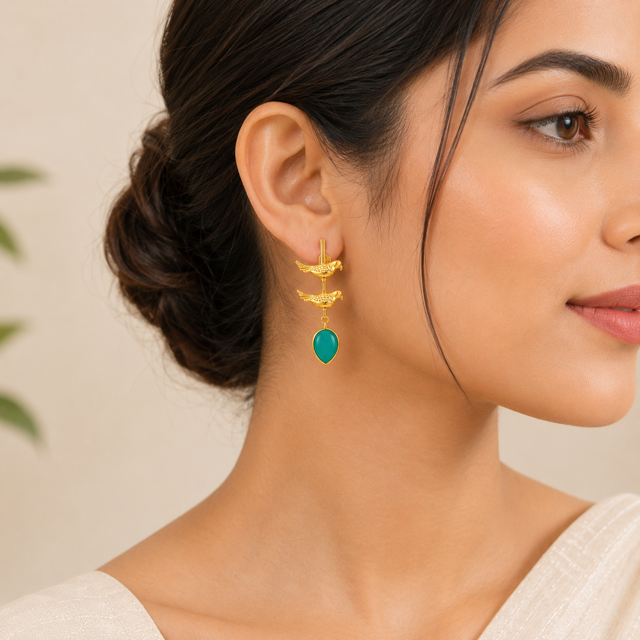 Elegant Gold Bird Drop Earrings with Teal Teardrop Stones | Artisanal Jewelry