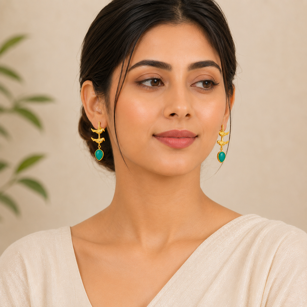 Elegant Gold Bird Drop Earrings with Teal Teardrop Stones | Artisanal Jewelry