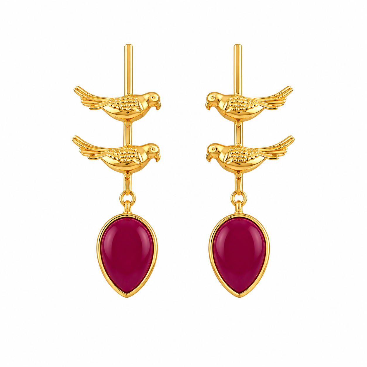 Elegant Gold Bird Dangle Earrings with rani pink Enamel Teardrops | Artisan Jewelry