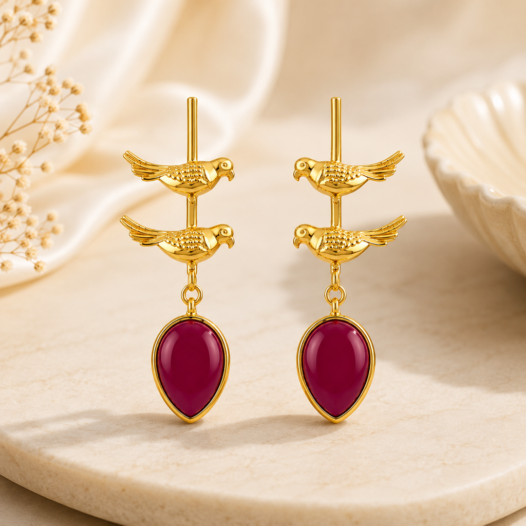 Elegant Gold Bird Dangle Earrings with rani pink Enamel Teardrops | Artisan Jewelry