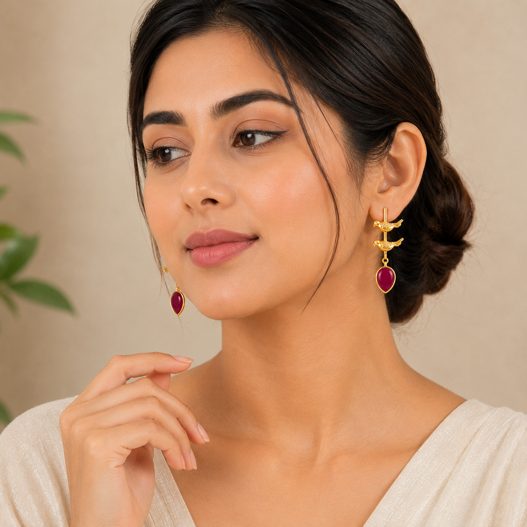 Elegant Gold Bird Dangle Earrings with rani pink Enamel Teardrops | Artisan Jewelry