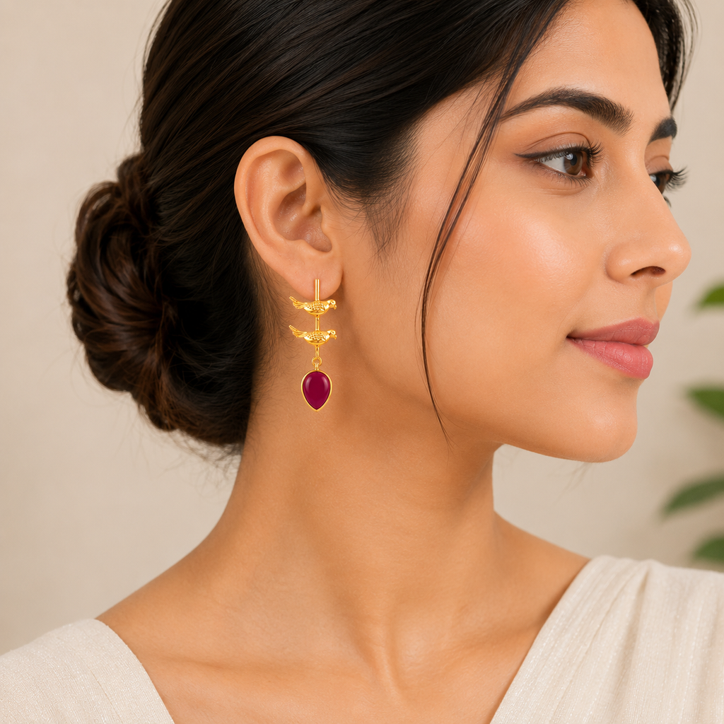Elegant Gold Bird Dangle Earrings with rani pink Enamel Teardrops | Artisan Jewelry